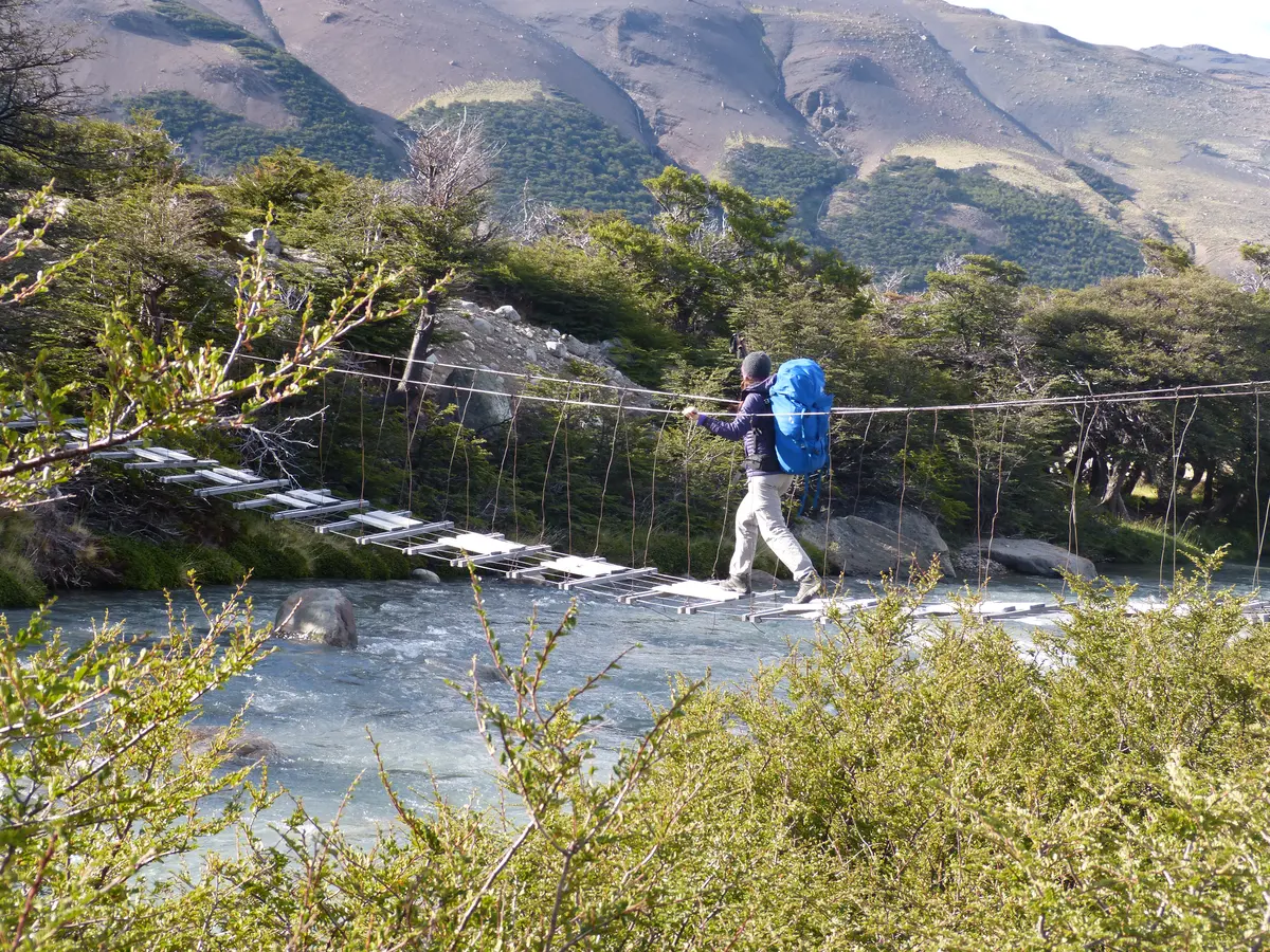 Crossing the footbridge on day one