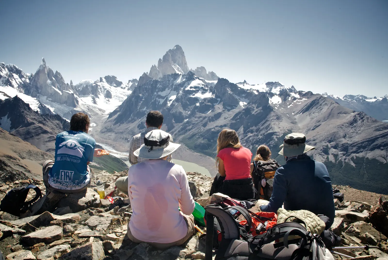 The group resting at the top, facing Fitz Roy
