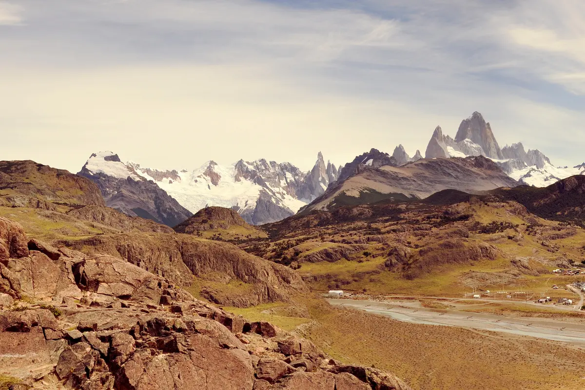 Fitz Roy, Cerro Torre and the town from the Los Cóndores viewpoint
