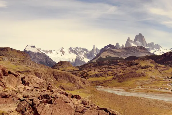 Fitz Roy, Cerro Torre and the town from the Los Cóndores viewpoint