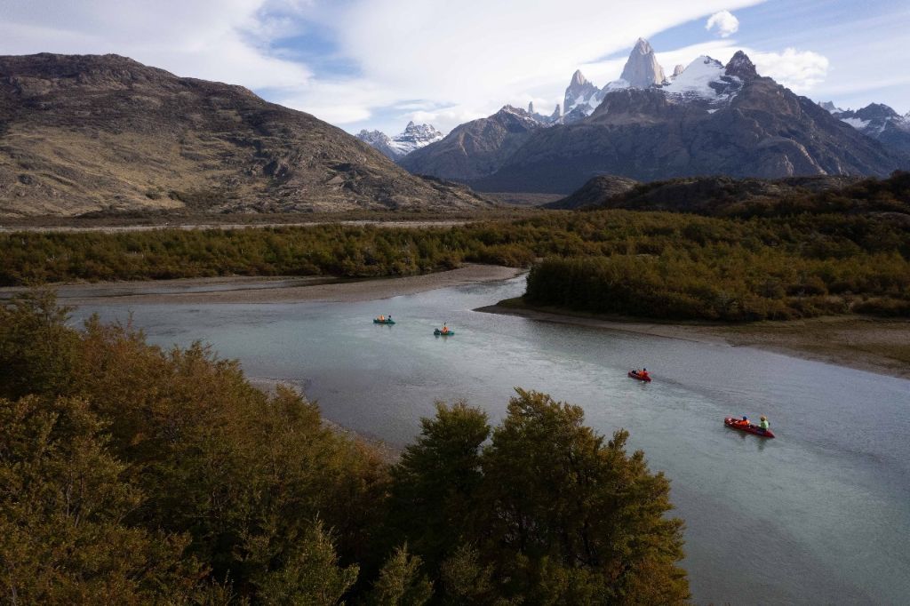 Packrafting Río de las Vueltas beneath Fitz Roy